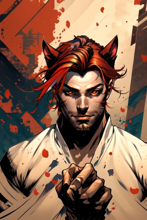 (masterpiece, best quality, ultra-detailed, highres, best illustration),perfect face, ((solo, solo focus)),sidelighting, lustrous skin,(bloom), (shine), ray tracing,solo,solo,animal ears, 1boy, solo, male focus, facial hair,red eyes , looking at viewer, beard, red hair, mustache, wings, lips,cat ears,depth_of_field,very detailed background,extreme light and shadow,(detailed eyes), (beautiful) beautiful detailed eyes, perfect lighting , perfect anatomy,(extremely detailed illustrated 8k wallpaper),(masterpiece), (best quality), (ultra-detailed), (best illustration),(best shadow) , vivid colors, <lora:Comics-10:1>
