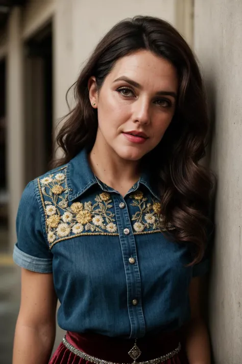 photo of (EPB3tth4nyHugh3s:0.99), closeup portrait, perfect hair, (modern photo, Cropped printed collared shirt worn with a high-waisted denim flared skirt and lace-up boots.|baroque Court Dresses, Tassels and Fringe Embellishments, Velvet Bows, Floral Appliqué Bodices, Gold and Silver Threadwork on Skirts, Floral Corsages,  alizarin crimson), 24mm, (analog, cinematic, film grain:1.3), (([community hall, washing machine,vacuum cleaner,toilet paper, exposed aggregate concrete, incandescent bulbs,track lighting, wall washing, atompunk| town, suburbs], gradient:1.1)), ((detailed eyes)), ((eyeliner, long lashes)), (epicPhoto), long eyelashes, (painted lips)