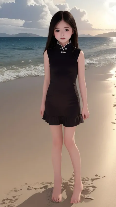 duckrita 1girl solo beautiful face realistic long hair black hair brown eyes full body <lora:DuckRita:0.5> <lora:Special clothes24:0.8> BREAK beach sunset