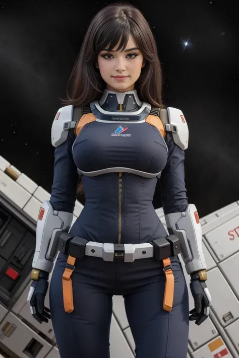 (1girl), body suit, bangs, ultra detailed, detailed face, seductive eyes, smile, (space background:1.2), looking at viewer, realistic illumination, voluptuous, small waist, yoga pants, wide hip, thighs, gundam\(rx78\), mecha, robot, <lora:RX78_V1:0.4>
<lora:Erica:1>