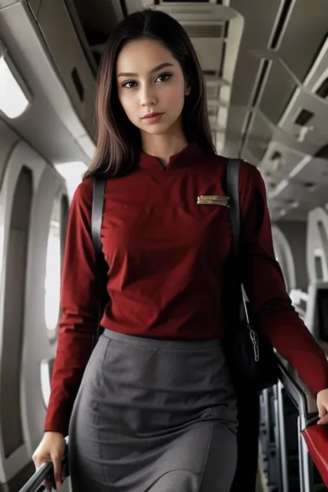 masterpiece, 1girl, solo, extremely detailed, photo realistic, high resolution, soft lighting, cinematic angle, slender, slim, detailed face, beautiful eyes, pretty face,
<lora:caluniform_lora-10:0.4>, a girl wearing caluniform standing in a plane corridor, red shirt and gray skirt,
 <lora:Holly:1>