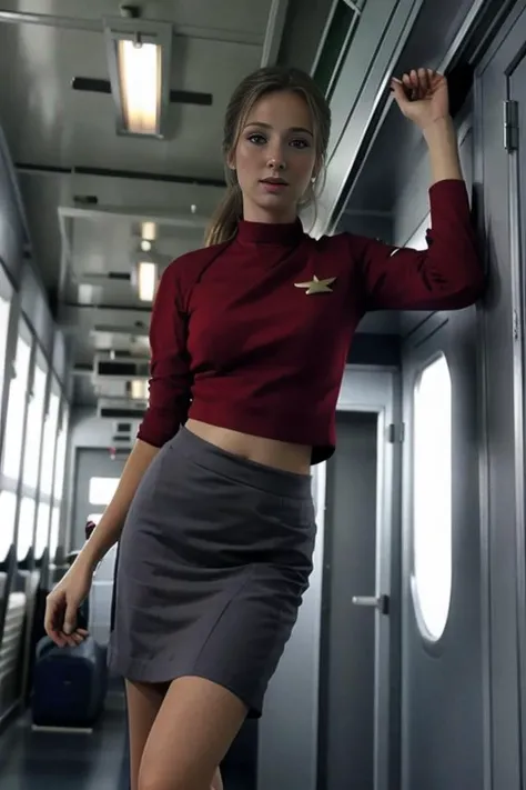 masterpiece, 1girl, solo, extremely detailed, photo realistic, high resolution, soft lighting, cinematic angle, slender, slim, detailed face, beautiful eyes, pretty face,
<lora:caluniform_lora-10:0.4>, a girl wearing caluniform standing in a plane corridor, red shirt and gray skirt,
<lora:Faith:1>