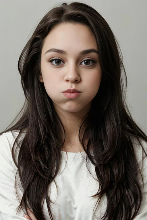 <lora:Sahsa:0.9>, long hair, makeup, looking at viewer, puffupcheeks, mugshot photo high quality, masterpiece, <lora:PuffyCheeks:1>
