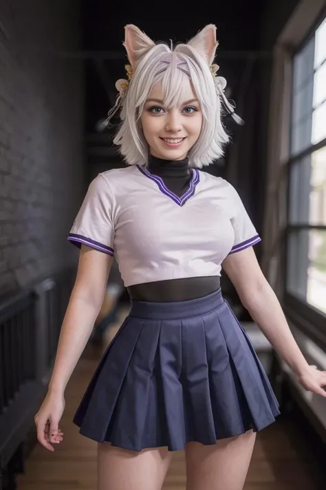 (intricate details:0.9), (hdr, hyperdetailed:1.2),  (dynamic pose:1.1), (dynamic angle:1.0), <lora:GoodHands-vanilla:1>  <lora:filian:1> filian, purple eyes, white hair, short hair, ahoge, animal ears, hair bell, hairband, tail, looking at viewer, upper body, grin, small breasts, wide hips, slim legs, school uniform, blue skirt, short sleeves