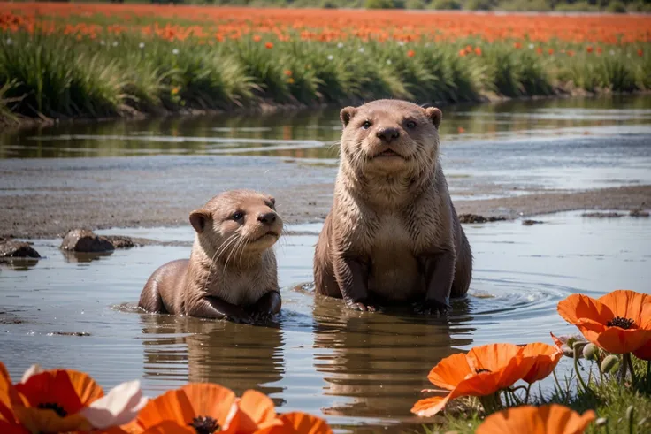 Otters playing in water, puddle, river, wide field of poppy flower