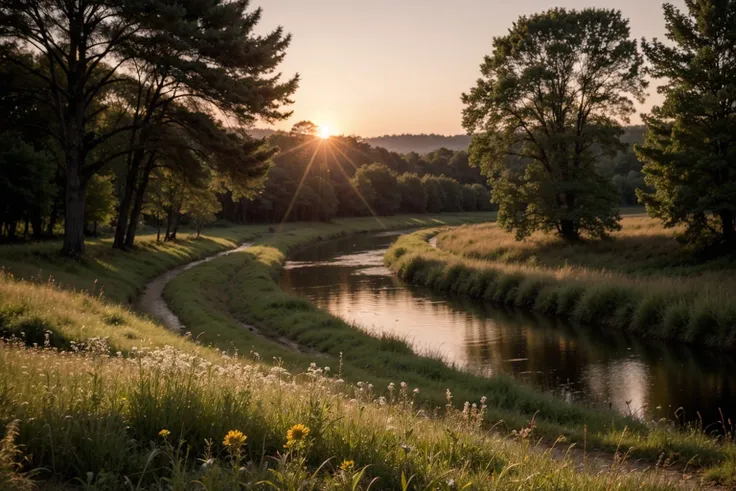 wild flower field and grass, trees, river, evening sun, dim light, cinematic light