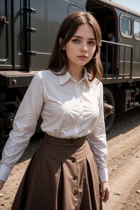 (photo portrait:1.0), a woman wearing pioneer calico blouse and skirt, brown hair, dark eyes, farwest scenery, old locomotive