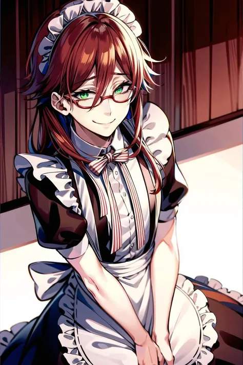 best quality, masterpiece, solo, 1boy, <lora:grell-10:0.6> ,smile,red hair, maid, maid apron, maid headdress, green eyes,