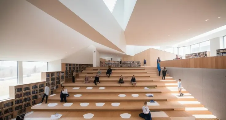 a photo of the interior of a library, people reading on wooden step that connecs to the second floor, bookshelf on the left side, sunlight coming through the triangular skylight, concrete wall and ceiling, //readingSteps, front view, interior, bookshelf, table, lecture <lora:LibrarySpec-000004:0.3>, raw photo, 8k uhd, dslr, soft lighting, high quality, film grain, Fujifilm XT3