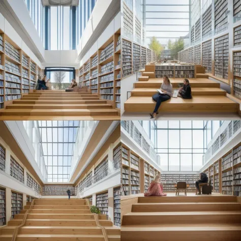 a photo of the interior of a library, people reading on wooden step that connects to the second floor, bookshelf on the left side, sunlight coming through the big window from the right side, //readingSteps, front view, interior, bookshelf, table, lecture, raw photo, 8k uhd, dslr, soft lighting, high quality, film grain, Fujifilm XT3