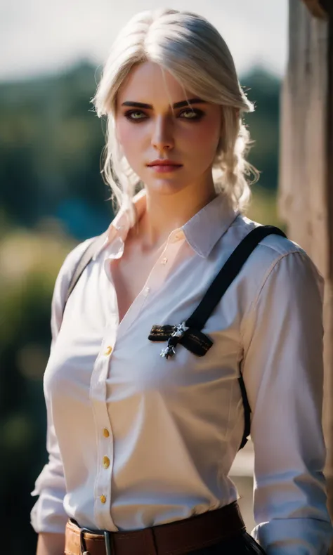 photo of ciri_w3 dressed as a sexy schoolgirl, unbuttoned shirt, soft lighting, natural skin, film grain, sharp focus, bokeh, depth of field, <lora:ciri_prodigy_21:0.85>