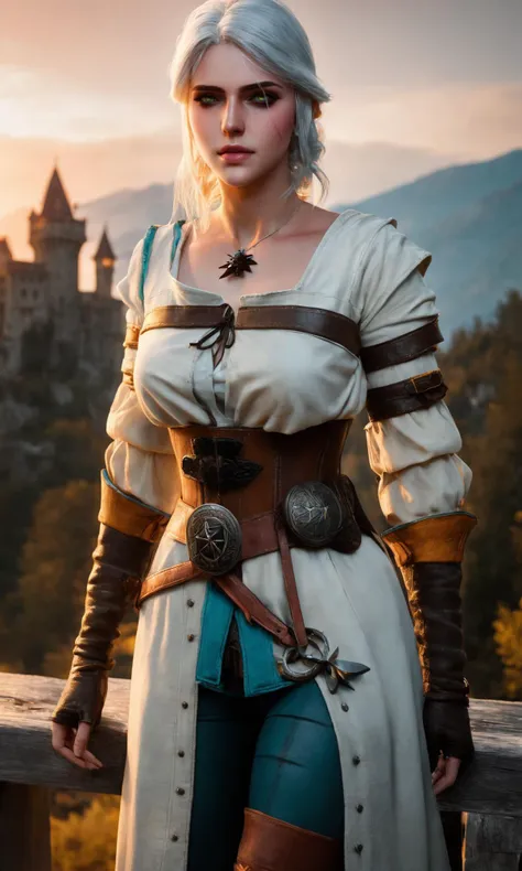 (masterpiece), (extremely intricate:1.3), (realistic), photo of ciri_w3, ciri_w3_outfit, 4k, highly detailed, the most beautiful in the world, black hair, (purple eyes:0.6), full body, outdoors, far away castle, professional photograph of a stunning woman detailed, sharp focus, dramatic, award winning, cinematic lighting, volumetrics dtx, (film grain, blurry background, blurry foreground, bokeh, depth of field, sunset, motion blur:1.3), 4k, 8k, hd, hdr, <lora:greg_rutkowski_xl_2:0.5>, <lora:ciri_prodigy_21:0.85>