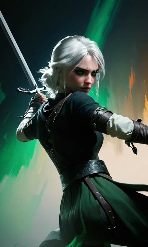 masterpiece, best quality, ultra high res, 1girl, ciri_w3 swinging her sword, green eyes, (abstract art:1.4), bleeding black, shadow and light theme, visually stunning, beautiful, evocative, emotional, side view, <lora:wowifierXL:0.5>, medium shot, close shot, <lora:ciri_prodigy_21:0.85>