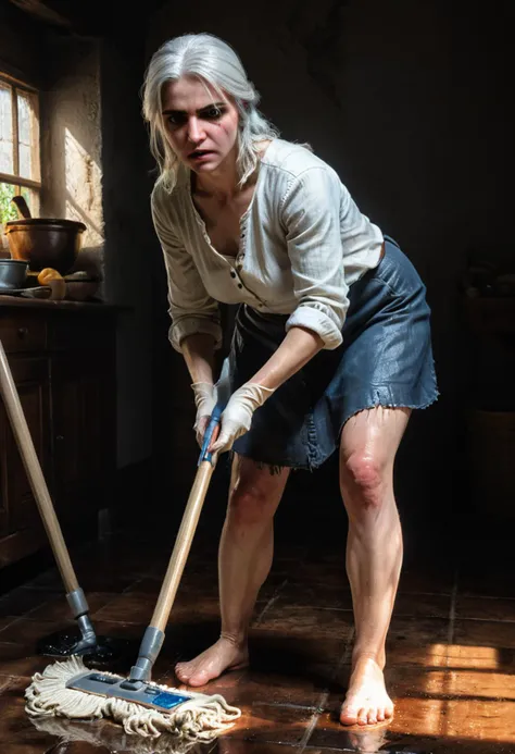portrait woman ciri_w3, humility, evil, eyes, barefoot, cleaning in the house, (mop the floor:1.3), wet, 8k, F2.8, RAW Photo, ultra detailed, (light:1.3) and shadow, real life <lora:ciri_prodigy_21:0.5> <lora:xl_more_art-full_v1:0.8>