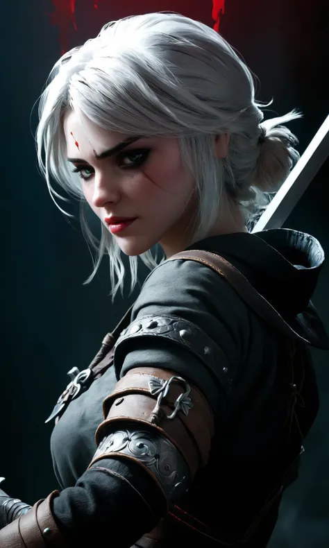 masterpiece, best quality, ultra high res, 1girl, ciri_w3 swinging her sword, (abstract art:1.4), bleeding black, shadow theme, visually stunning, beautiful, evocative, emotional, side view, <lora:wowifierXL:0.5>, medium shot, close shot, <lora:ciri_prodigy_21:0.85>