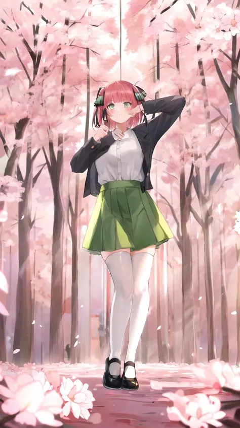 nn1, 1girl, hair ribbon, short hair, plated green skirt, white shirt, open clothes, white thighhighs, long sleeves, pink hair, Black Platform Shoe, 1tree, background sakura blossom tree in a park in spring <lora:nakano_nino_v10:0.7>