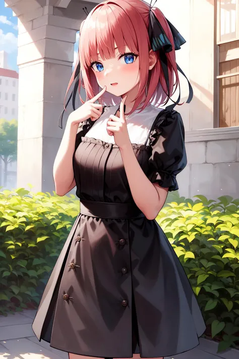 masterpiece, best quality, highres, nn1, 1girl, hair ribbon, short hair, <lora:nakano_nino_v10:0.8>, dress, skirt, cowboy shot, standing, outdoors