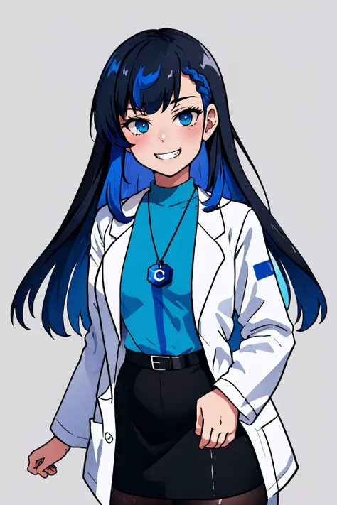 masterpiece, best quality,  <lora:gijinkaseries_civitai-18:0.9> civitai-chan, braided bangs, multicolored hair, black hair, blue hair, blue eyes, labcoat, shirt, shirt tucked in, single vertical stripe, black skirt, pencil skirt, pantyhose, necklace  (simple background:1.5), looking at viewer, smug, grin, computer, 1girl, solo  <lora:HinghoiStyleMS:1.5>