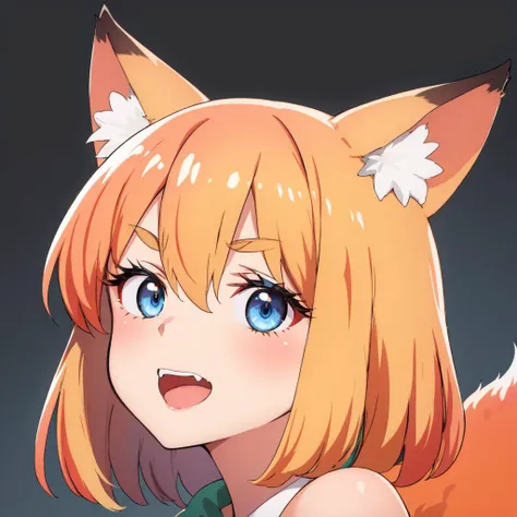 firefox chan, fox ears, fox tail, fox girl, orange, BREAK blue eyes, bangs, thick eyebrows, simple background, BREAK blue dark orange fangs <lora:Chrome-ChanV39:1>, (masterpiece, best quality, high resolution)