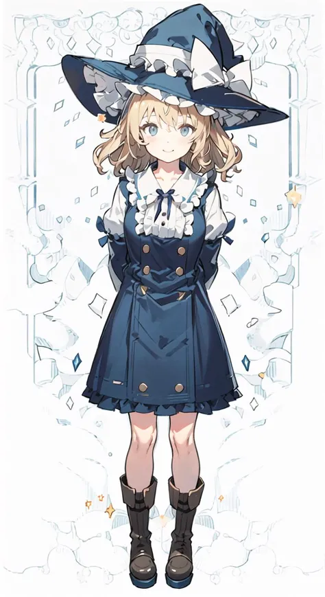 ((((simple background,white background)))),masterpiece, best quality,extremely detailed CG unity 8k wallpaper,  illustration,(((official art))), (((colorful))),touhou,extremely delicate and beautiful girls,looking at viewer,arms behind back,solo,full body, 1girl,  [Alice Margatroid|Kirisame Marisa],blonde hair,short hair,curly hair,blue eyes,Witch hat ,boots,light smile,