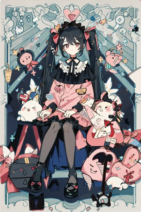 masterpiece, best quality, (jirai_kei),1girl, solo, long_hair, looking_at_viewer, shirt, black_hair, long_sleeves, bow, ribbon, twintails, sitting, monochrome, hair_bow, heart, pantyhose, frills, food, shoes, choker, blunt_bangs, black_skirt, pink_eyes, stuffed_toy, pink_background, stuffed_animal, frilled_skirt, pink_bow, (fishnets), candy, bandaid, pink_shirt, teddy_bear, lollipop, (fishnet_pantyhose), platform_footwear, pink_theme, pill, heart-shaped pupils, <lora:cutescrap05v_cutescrap3:0.3>, <lora:animeLikeTarotCardArt_v10:0.8>