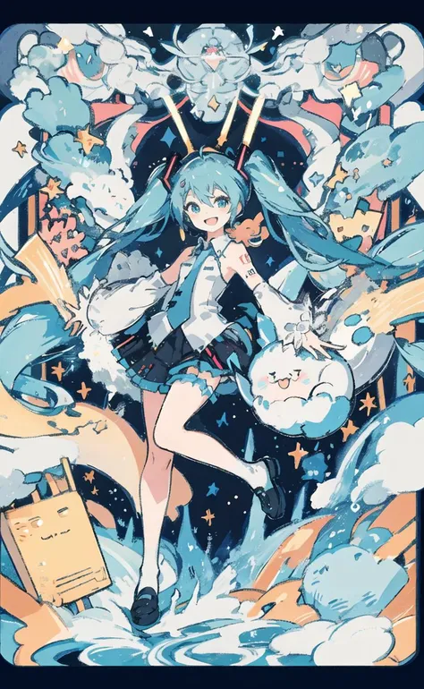 (masterpiece), (best quality),(miku),(border),(looking at viewer),1girl,happy,smile,small breasts,full body, dynamic pose,<lora:animeLikeTarotCardArt_v10:0.6> ,<lora:cutescrap05v_cutescrap3:0.4>,simple background