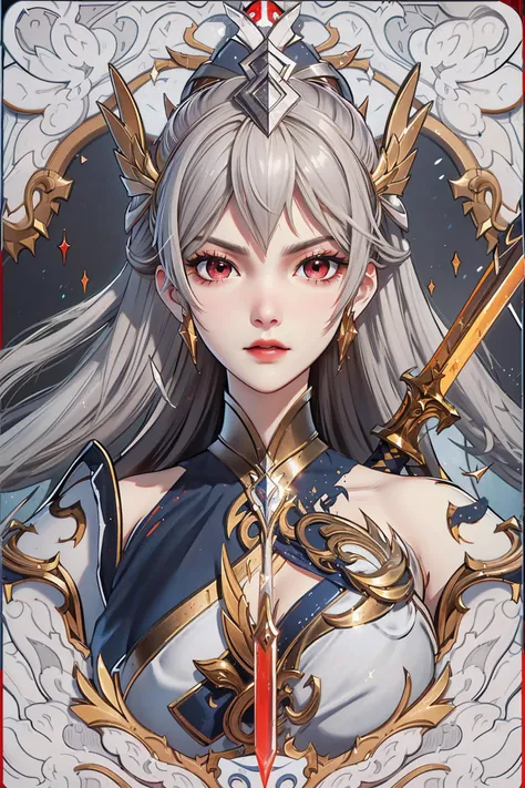 <lora:nvzhanshenV2:1>,nvzhanshen,1girl,bust,portrait,<lora:animeTarotCardArtStyleLora_v31:1>,(white hair), red long hair, red eyes, (full body), (((with sword))), angry face, (beautiful detailed eyes), Blood drop,Blood fog, floating hair, disheveled hair, Splashing blood,(Bloodstain),, best quality , masterpiece, illustration, an extremely delicate and beautiful, extremely detailed ,CG,unity,8k wallpaper, Amazing, finely detail, masterpiece, best quality,official art,extremely detailed CG unity 8k wallpaper,absurdres, incredibly absurdres, huge filesize , ultra-detailed, highres, extremely detailed,beautiful detailed girl, extremely detailed eyes and face, beautiful detailed eyes,light on face,