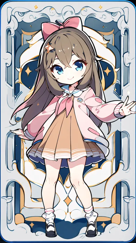 masterpiece, best quality, 1girl, solo, <lora:jiaranV23:1>, jiaran, official dress, pink hair bow, brown hair, long hair, blue eyes, pink and white jacket, neckerchief, white socks, light smile, looking at viewer, full body, brown skirt, long sleeves, dynamic pose, closed mouth, <lora:yuzusoft-chibiV2:0.6>, chibi, <lora:animetarotV2:0.6>, pink background,