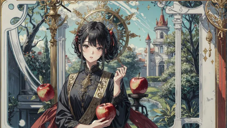 masterpiece, best quality, 1girl, elegant, tarot, red apple, tree, garden, symbolism, decorative, ornate, sinful, detailed, <lora:add_detail:1>, <lora:detailed_eye:0.3>, <lora:animetarotV51:0.7>,