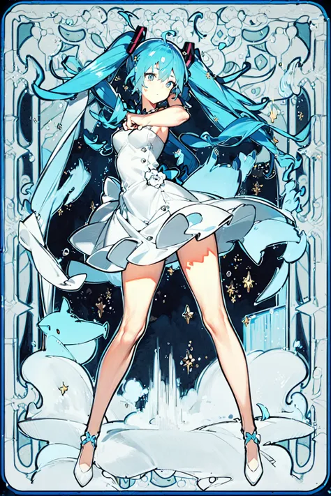 1girl, (masterpiece, best quality, perfect eyes, beautiful face and eyes:1.2), hatsune miku, white dress, standing, dynamic pose, floating, full body