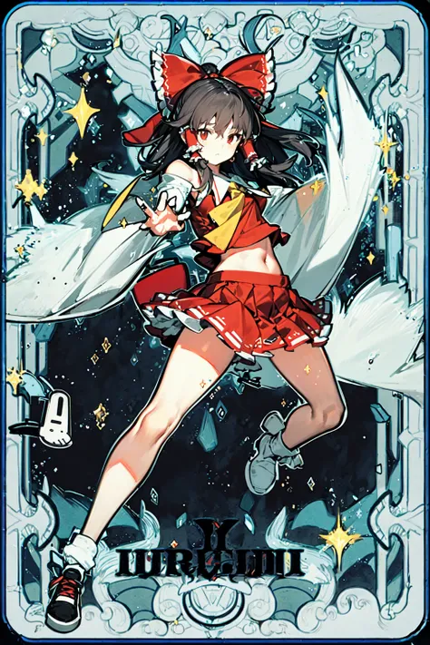 1girl, reimu hakurei, standing, dynamic pose, floating, full body, black background, sparkles, text