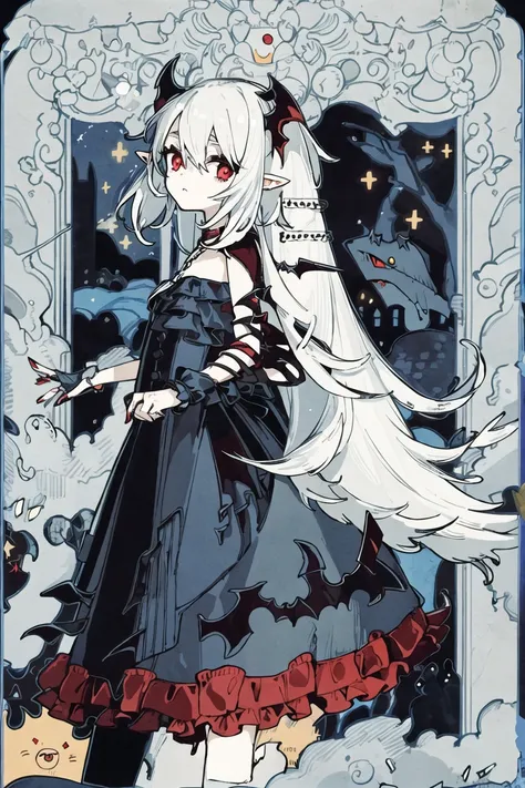 (vampire),chain on neck,(best quality),(summer dress), (masterpiece),(border:1.2),(cute), 1girl, (long white hair,ash),expressionless,old castle,(red eyes),(pointy_ears),(red cumulonimbus cloud), eyes,sky,((blood)),(blue lighting),soft foucs,,(small breasts),backlight,(rose:0.9),(sad),<lora:cutescrap05v_cutescrap3:0.4>, <lora:animeLikeTarotCardArt_v10:0.6>