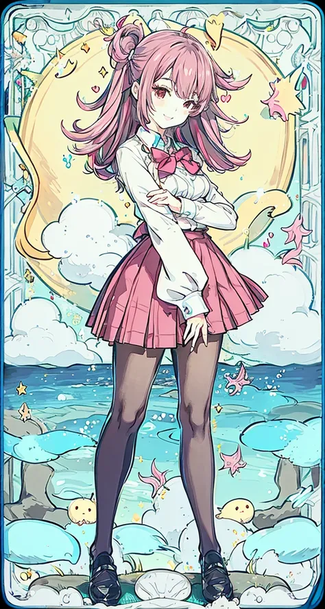 1 girl, full body, long legs, standing, sexy pose, pantyhose, (school uniform), best quality, (smile:1.2), (Jpop:1.08), (cute eye makeups:1.1), pubic hair, round breasts, (pink hair:1.2), best lighting, sea, sky, cloud, sunshine,