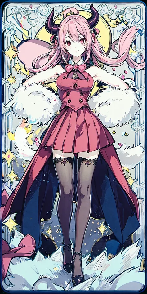1 girl, Succubus , full body, long legs, standing, sexy pose, pantyhose, (school uniform), best quality, (smile:1.2), (Jpop:1.08), (cute eye makeups:1.1), pubic hair, round breasts, horn, tail,  (pink hair:1.2), dark lighting, bed, moon, fire, blood,