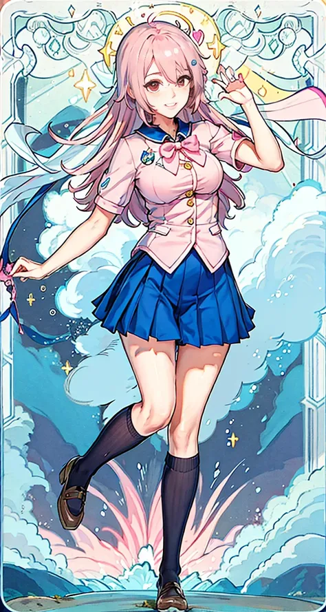 1 girl, full body, long legs, (school uniform), best quality, (smile:1.2), (Jpop:1.08), (puffy eye makeups:1.1), pubic hair, round breasts, (pink hair:1.2), best lighting, sea, sky, cloud, sunshine