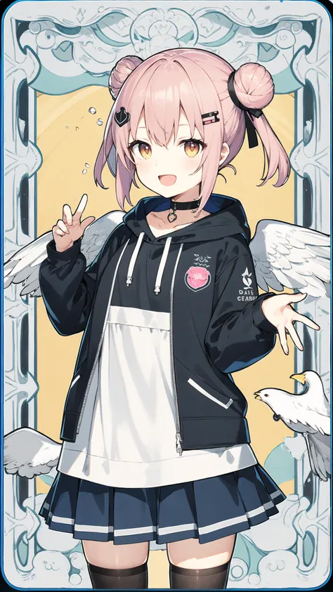 masterpiece, best quality, 1girl, solo, looking_at_viewer, smile, open_mouth, skirt, simple_background, shirt, hair_ornament, pink_hair, jacket, pink_hair, :d, multicolored_hair, pleated_skirt, wings, choker, hairclip, hood, pink_eyes, hair_bun, chibi, black_shirt, double_bun, black_choker, blush_stickers, white_skirt, yellow_background, feathered_wings, angel_wings, white_wings, <lora:animetarotV2-000002:0.8>