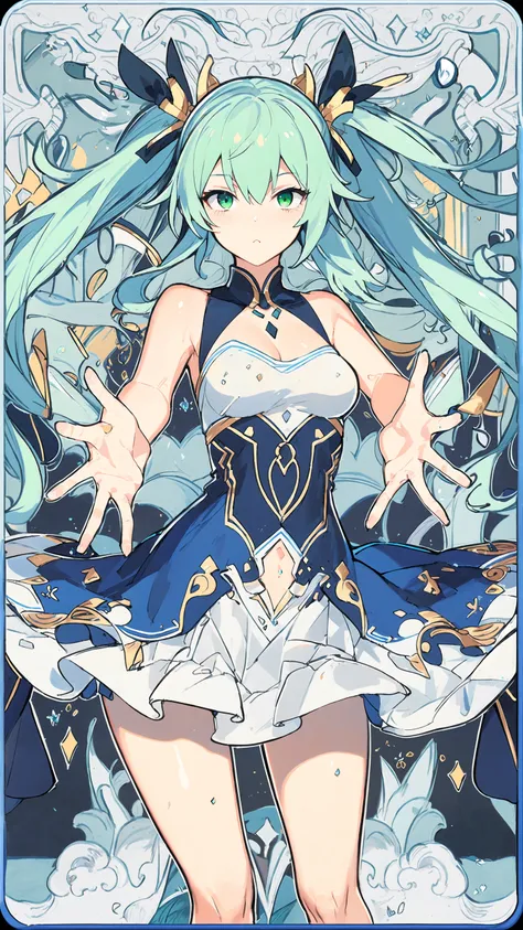 (((masterpiece))),(((bestquality))),((ultra-detailed)),(illustration),((anextremelydelicateandbeautiful)),dynamicangle,floating,(beautifuldetailedeyes),(detailedlight) (1girl), solo, floating_hair,glowingeyes,green hair,greeneyes, twintails, halterdress, <lora:atdanStyleLora_lk:0.6>, atdan <lora:animetarotV2-000002:1>, green background,
