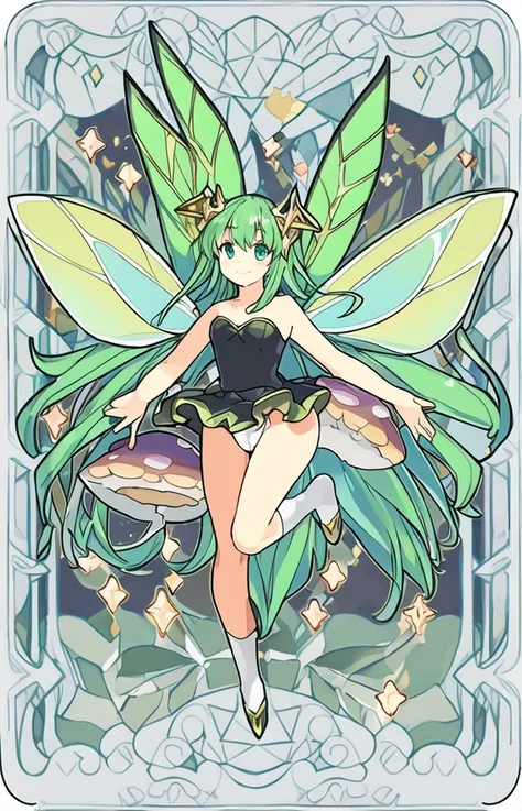 ((best quality)), ((highly detailed)), masterpiece, ((official art)), detailed face, beautiful face, (detailed eyes, deep eyes), (1girl:1.33, solo), <lora:animeTarotCard:.9>, tarot, ((((fairy))), ((minigirl)), multiple wings, fairy wings, ((glowing wings)), symmetrical wings, intricate wing pattern, transparent wings, large breasts, cleavage, thin waist, long hair, green hair, (((flying))), in the air, leotard, cameltoe, strapless, sleeveless, glitter, microskirt, oversized plants, giant mushrooms, smile)