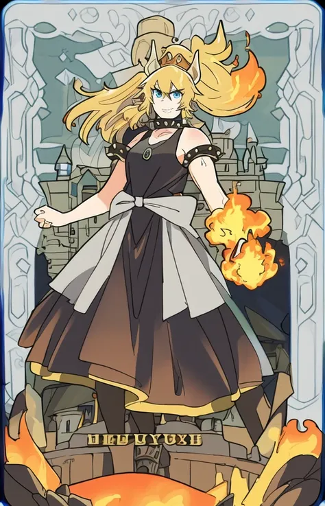 ((best quality)), ((highly detailed)), masterpiece, ((official art)), (detailed eyes, deep eyes), (1girl:1.33, solo), <lora:animeTarotCard:1>, tarot, (<lora:bowsetteCharacterLora_v10:1>, evil grin, , <lora:Firevfx_v1:.5>, Fireball about to be released, hard shadows, ((in a castle with a lava moat)))