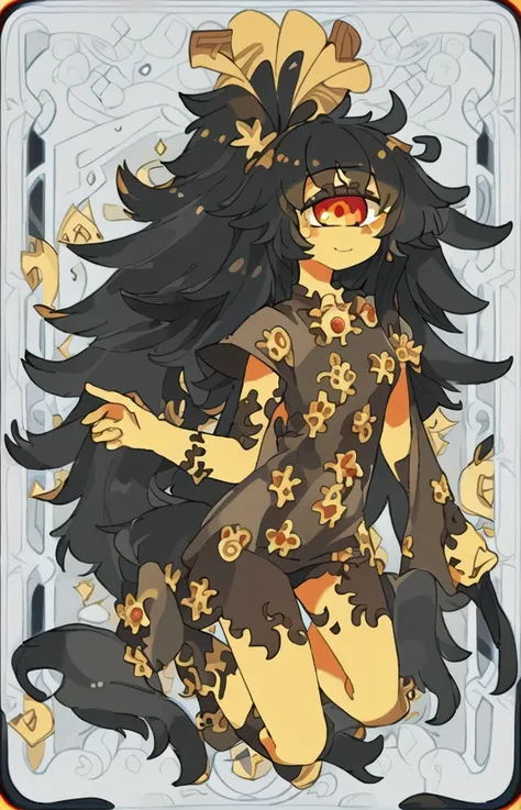((best quality)), ((highly detailed)), masterpiece, ((official art)), (detailed eyes, deep eyes), (1girl:1.33, solo), <lora:animeTarotCard:.9>, tarot, (((gazer)), <lora:animeCyclops_v10:.7>, cyclop, (cyclops), one-eyed, colored skin, yellow colored sclera, red colored eyes, extra eyes, colored skin, grey colored skin, black hair, medium breasts, smile)