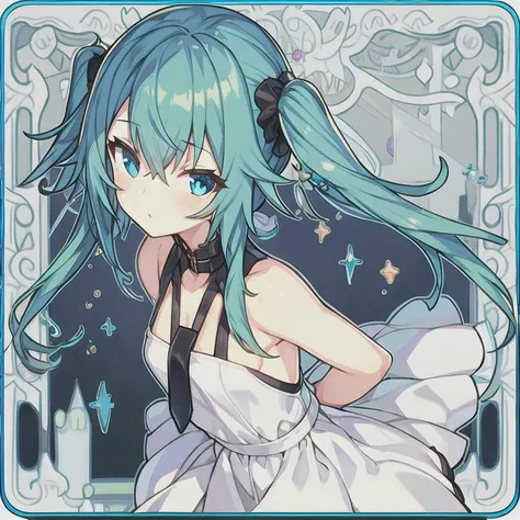 The innocence, dark green hair, twintails, arms behind back, white dress, black waist tie, a girl,blue eyes,