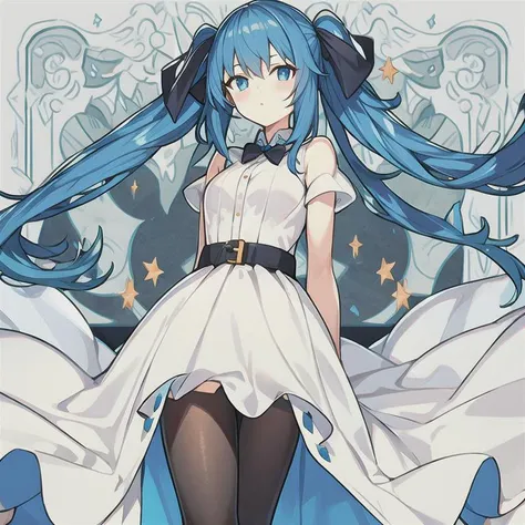 The innocence, dark green hair, twintails, arms behind back, white dress, black waist tie, a girl,blue eyes,