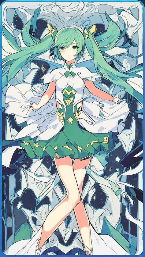 (((masterpiece))),(((bestquality))),((ultra-detailed)),(illustration),((anextremelydelicateandbeautiful)),dynamicangle,floating,(beautifuldetailedeyes),(detailedlight) (1girl), solo, floating_hair,glowingeyes,green hair,greeneyes, twintails, halterdress, atdan, green background,