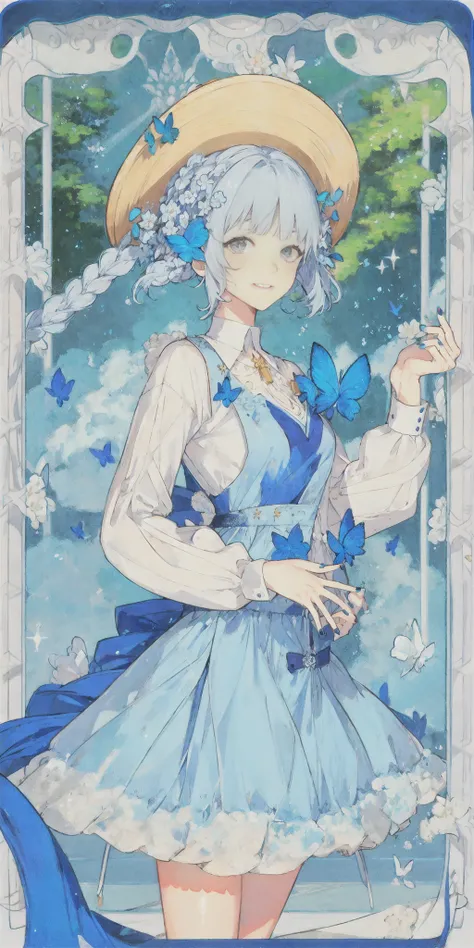 (Realistic painting style:0.9), (faux traditional media:1.0), masterpiece, best quality, bokeh, depth of field, looking to the side, kamisato ayaka (springbloom missive), kamisato ayaka, official alternate hairstyle, official alternate costume, blunt bangs, butterfly hair ornament, hair flower, blue dress, 1girl, butterfly, grey eyes, flower, hair ornament, light blue hair, outdoors, solo, hat, sky, blue nails, cloud, bangs, long sleeves, holding, looking at viewer, blue butterfly, blurry, braid, dress, day, blurry foreground, blue sky, breasts, medium breasts, cloudy sky, blush, index finger raised, blue flower, smile, closed mouth, holding fan,tarot,green background,