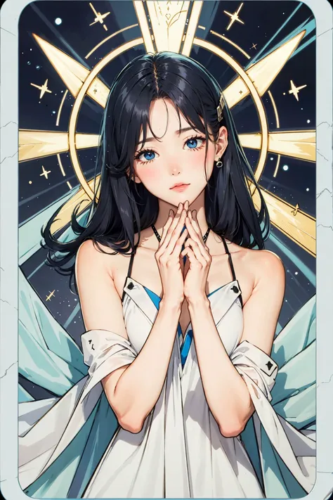 tarot,Hands together,vulcan salute,Attention, halo behind head,finely_detailed, perfect_body, perfect_eyes, perfect_face, perfect_fingers,<lora:animeTarotCardArtStyleLora_v20Offset:0.5>, <lora:koreanDollLikeness_v15:0.3>