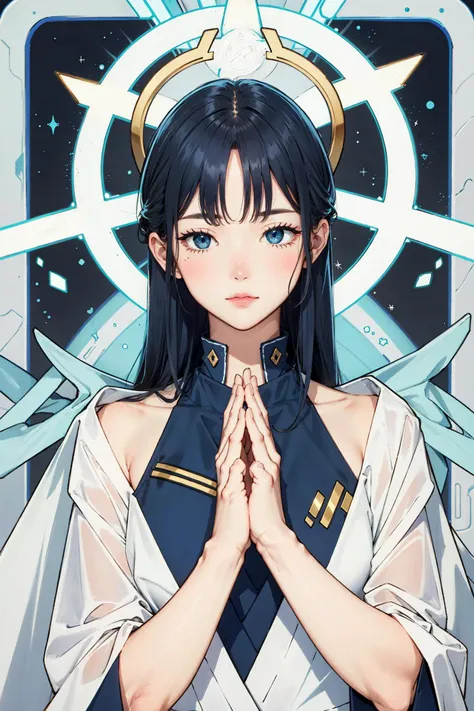 tarot,Hands together,vulcan salute,Attention, halo behind head,finely_detailed, perfect_body, perfect_eyes, perfect_face, perfect_fingers,<lora:animeTarotCardArtStyleLora_v20Offset:0.5>, <lora:koreanDollLikeness_v15:0.3>