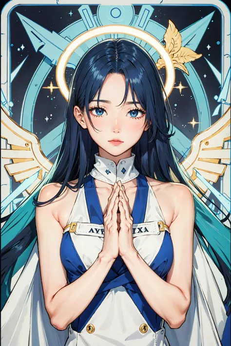 tarot,Hands together,vulcan salute,Attention, halo behind head,finely_detailed, perfect_body, perfect_eyes, perfect_face, perfect_fingers,<lora:animeTarotCardArtStyleLora_v20Offset:0.5>, <lora:koreanDollLikeness_v15:0.3>