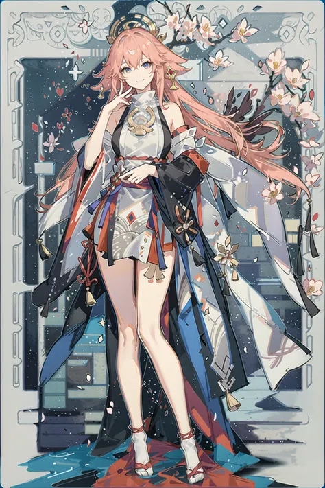 <lora:yaeMikoRealistic_yaemikoMixed:0.66>,<lora:animeTarotCardArtStyleLora_v20Offset:0.8>, tarot, best quality, ultra high res, (photorealistic:1.4), 1girl, solo focus, yae miko, white skin, medium breasts, detailed eyes, volumetric lighting, breasts, full body, amazing, finely detail, breasts, cherry blossoms, bare shoulders, detailed face, face focus, shiny skin, long sleeves, smile, thick lips, garden background, outdoor, cherry trees,traditional japanese buildings, far view, Tenshukaku,