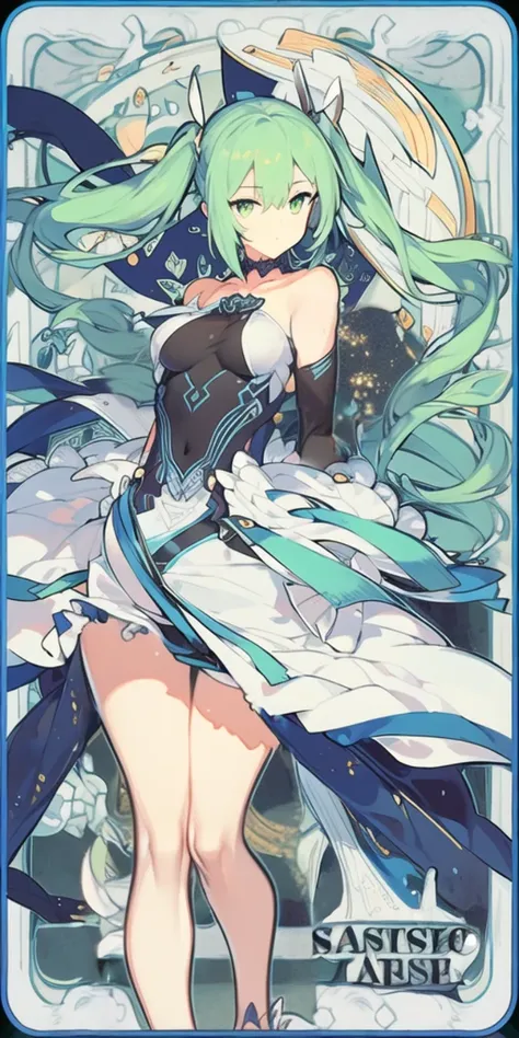 (((masterpiece))),(((bestquality))),((ultra-detailed)),(illustration),((anextremelydelicateandbeautiful)),dynamicangle,floating,(beautifuldetailedeyes),(detailedlight) (1girl), solo, floating_hair,glowingeyes,green hair,greeneyes, twintails, bluehalterdress, <lora:atdanStyleLora_lk:0.6>, atdan, green background, <lora:animeTarotCardArtStyleLora_v20Offset:1>, standing sex, smooth,arms behind back, thick thighs, black legwear,