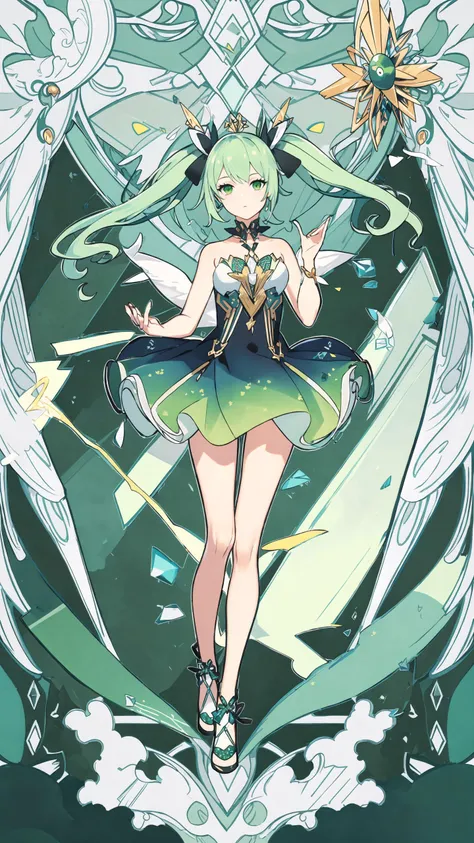 (((masterpiece))),(((bestquality))),((ultra-detailed)),(illustration),((anextremelydelicateandbeautiful)),dynamicangle,floating,(beautifuldetailedeyes),(detailedlight) (1girl), solo, floating_hair,glowingeyes,green hair,greeneyes, twintails, halterdress, <lora:atdanStyleLora_lk:0.6>, atdan, green background, <lora:animetarotV51:1>